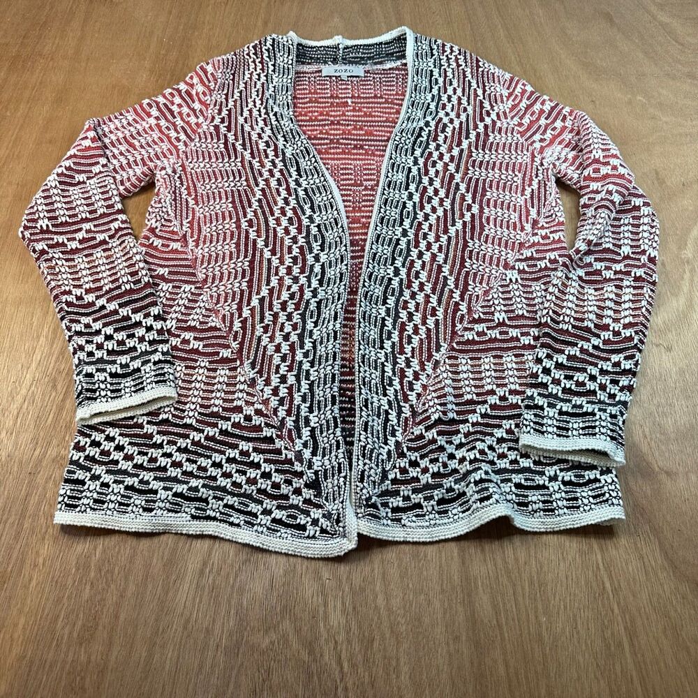ZOZO Linen Blend Knit Cardigan Womens M Red Cream Open Boho Cottagecore